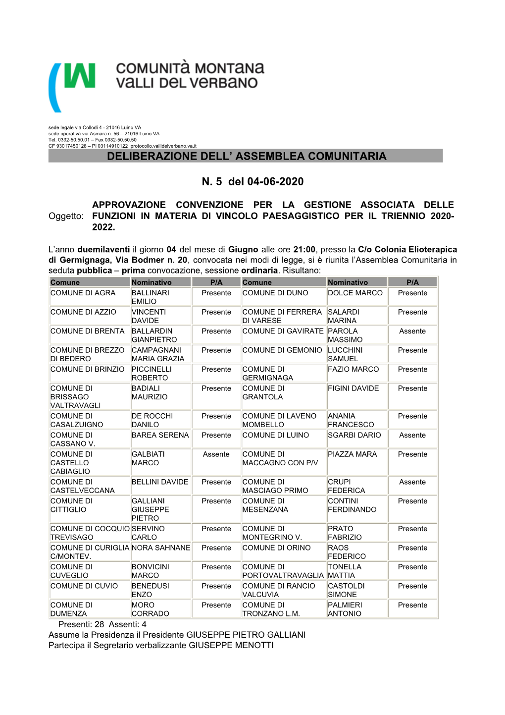 DELIBERAZIONE DELL' ASSEMBLEA COMUNITARIA N. 5 Del 04-06-2020