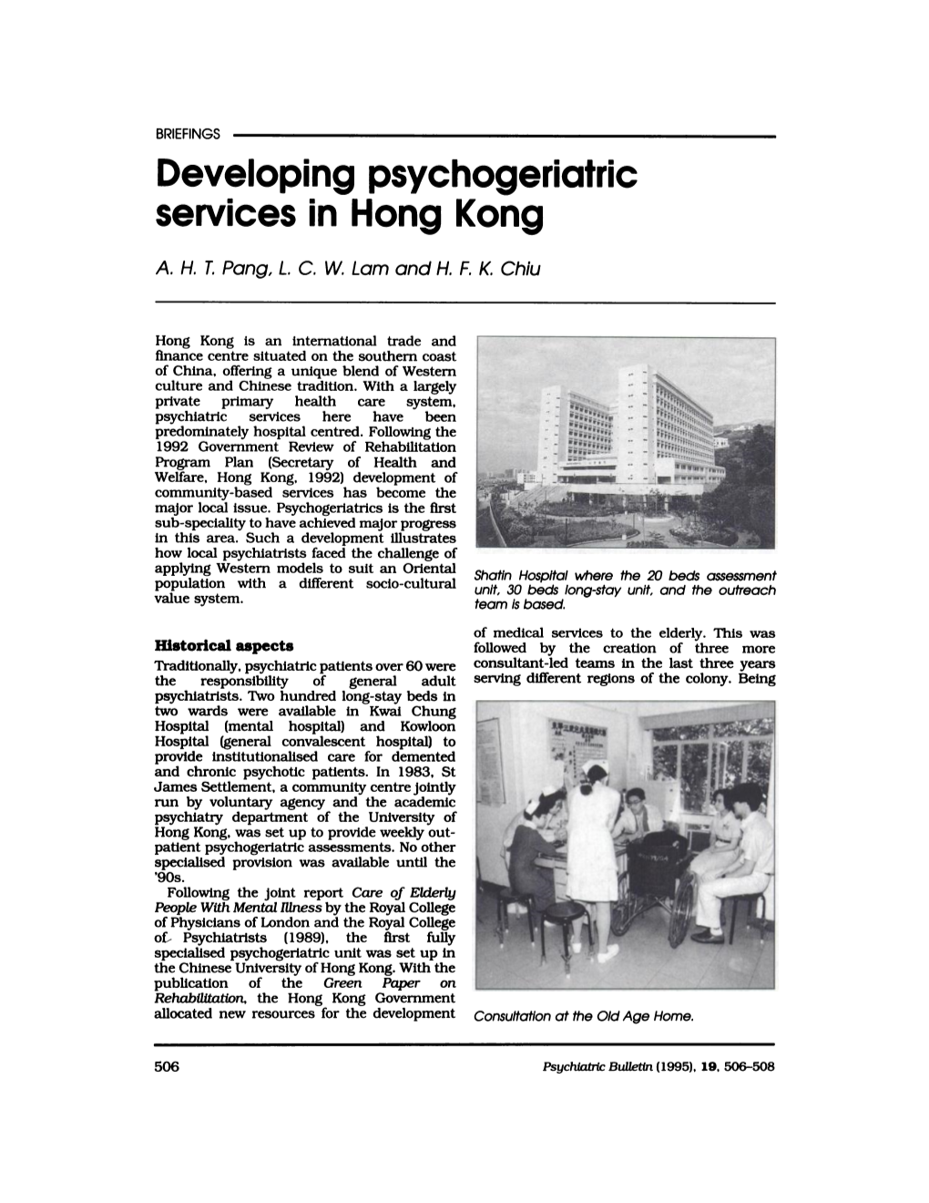 Developing Psychogeriatric Services in Hong Kong