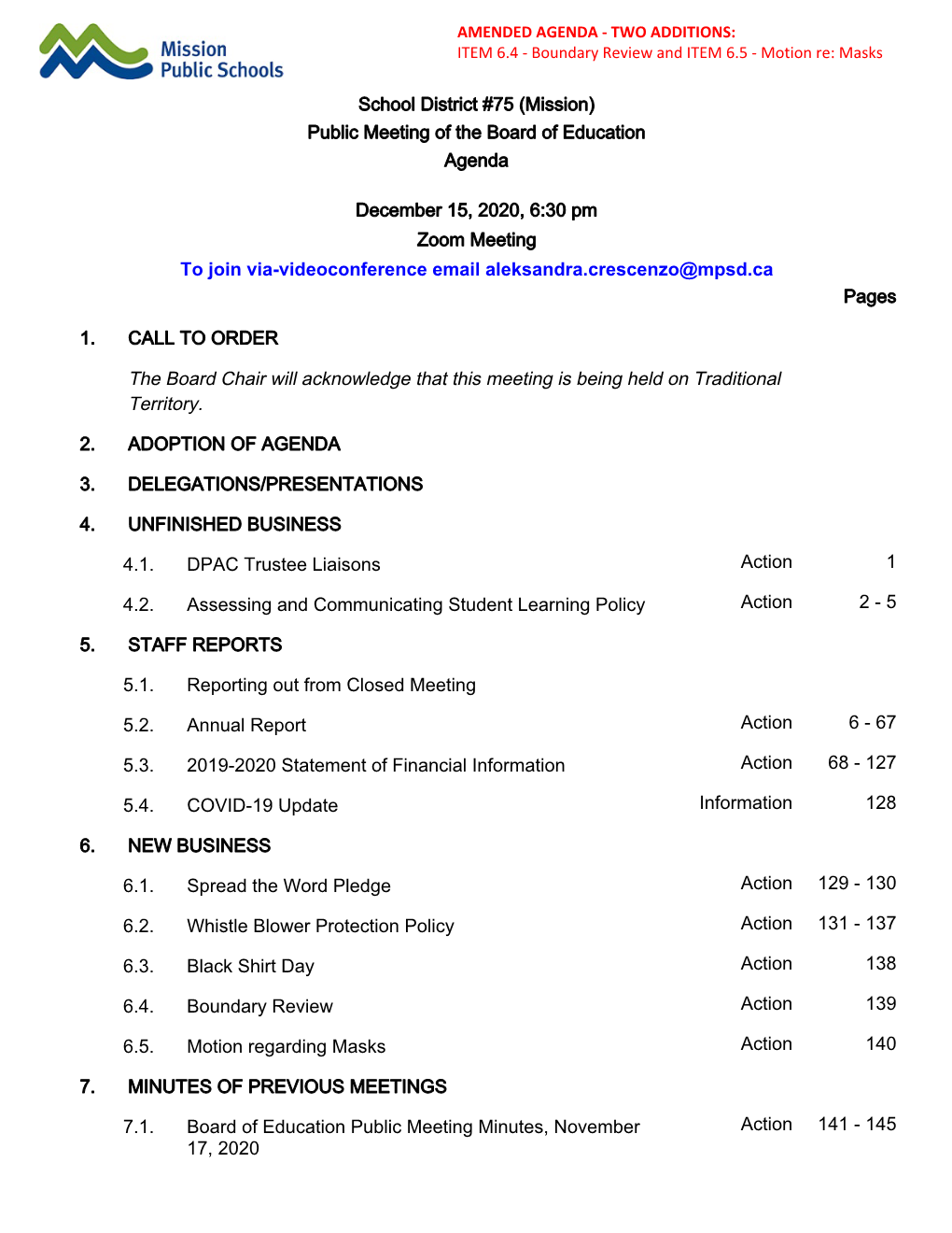 AGENDA - TWO ADDITIONS: ITEM 6.4 - Boundary Review and ITEM 6.5 - Motion Re: Masks