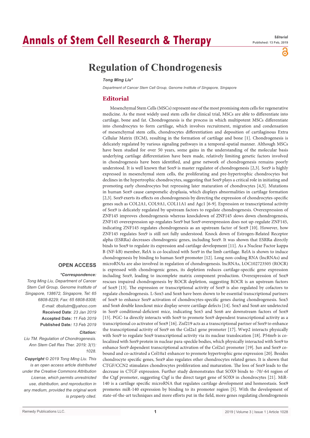 Regulation of Chondrogenesis