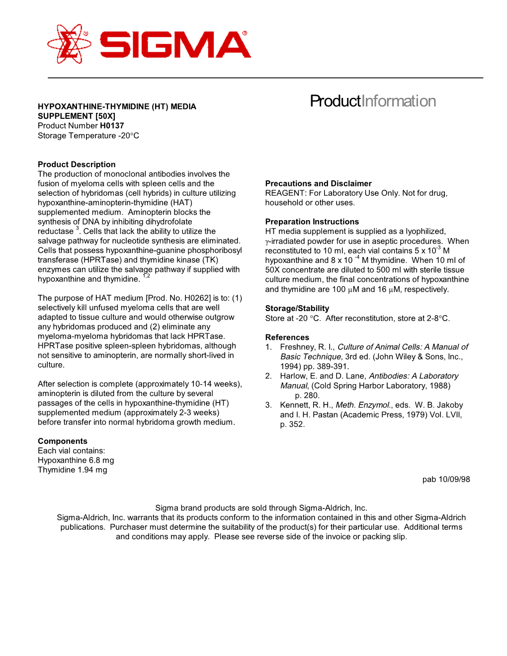 HT Media Supplement Is Supplied As a Lyophilized, Salvage Pathway for Nucleotide Synthesis Are Eliminated