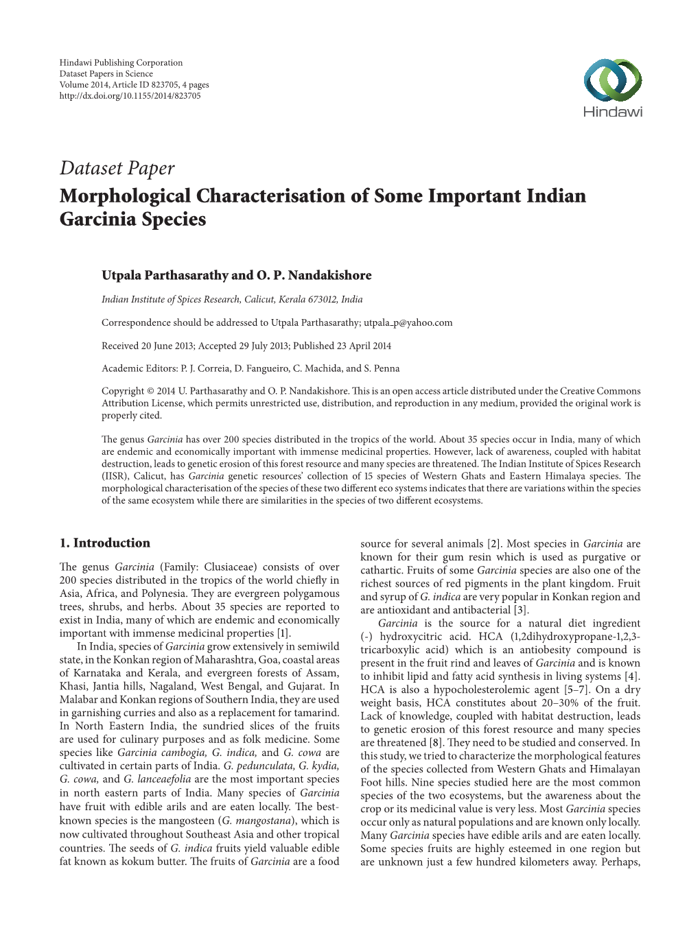 Dataset Paper Morphological Characterisation of Some Important Indian Garcinia Species