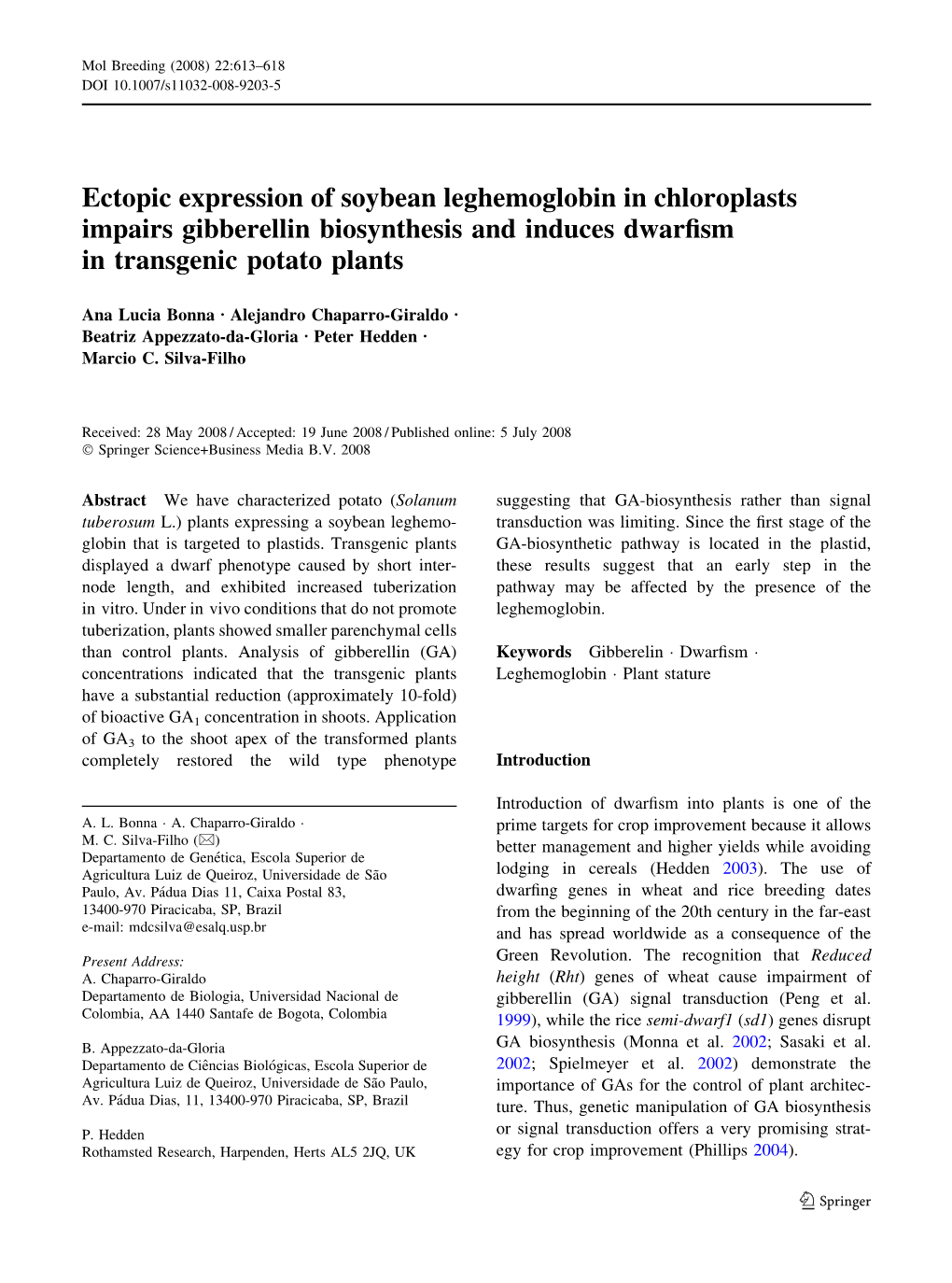 Ectopic Expression of Soybean Leghemoglobin in Chloroplasts Impairs Gibberellin Biosynthesis and Induces Dwarfism in Transgenic