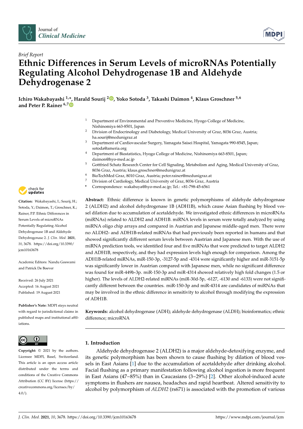 Ethnic Differences in Serum Levels of Micrornas Potentially Regulating Alcohol Dehydrogenase 1B and Aldehyde Dehydrogenase 2
