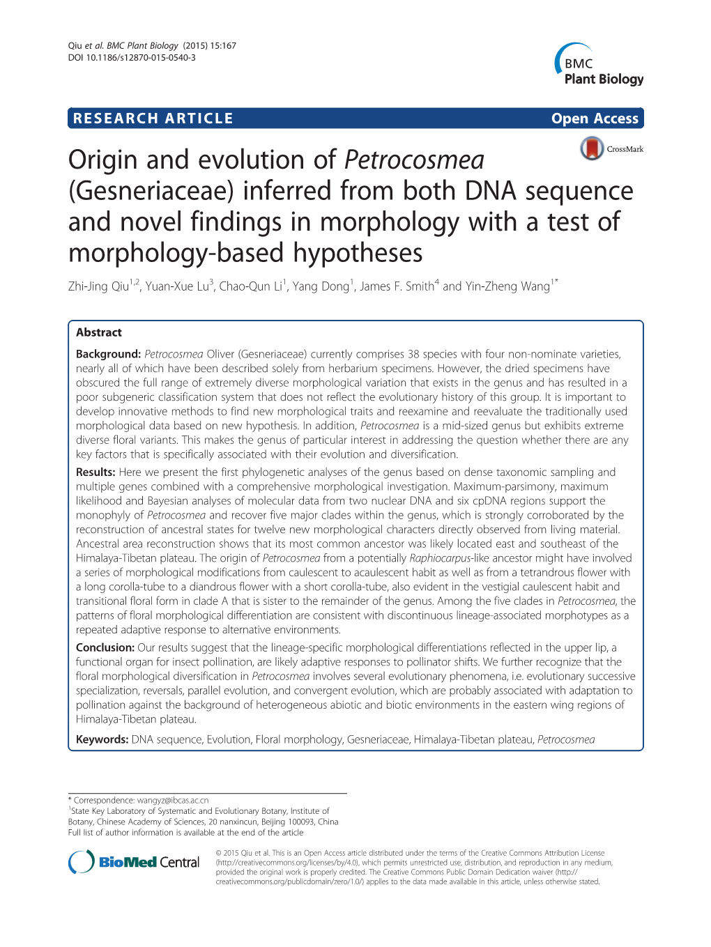 Origin and Evolution of Petrocosmea (Gesneriaceae)