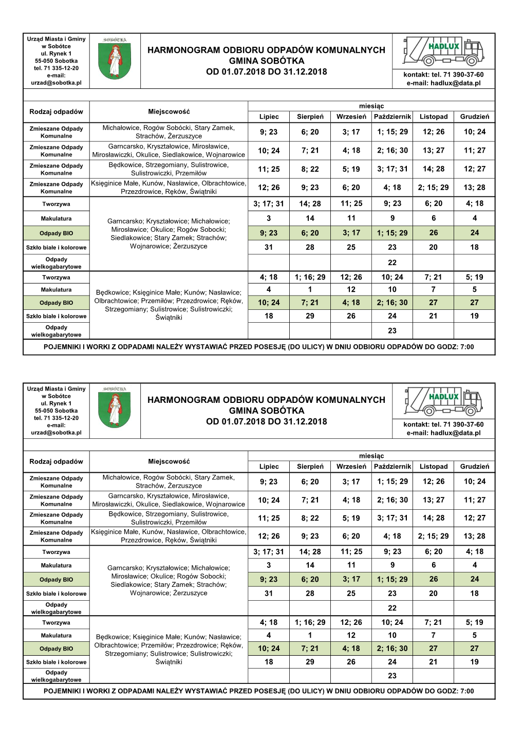 Harmonogram Odbioru Odpadów Komunalnych GMINA SOBÓTKA II