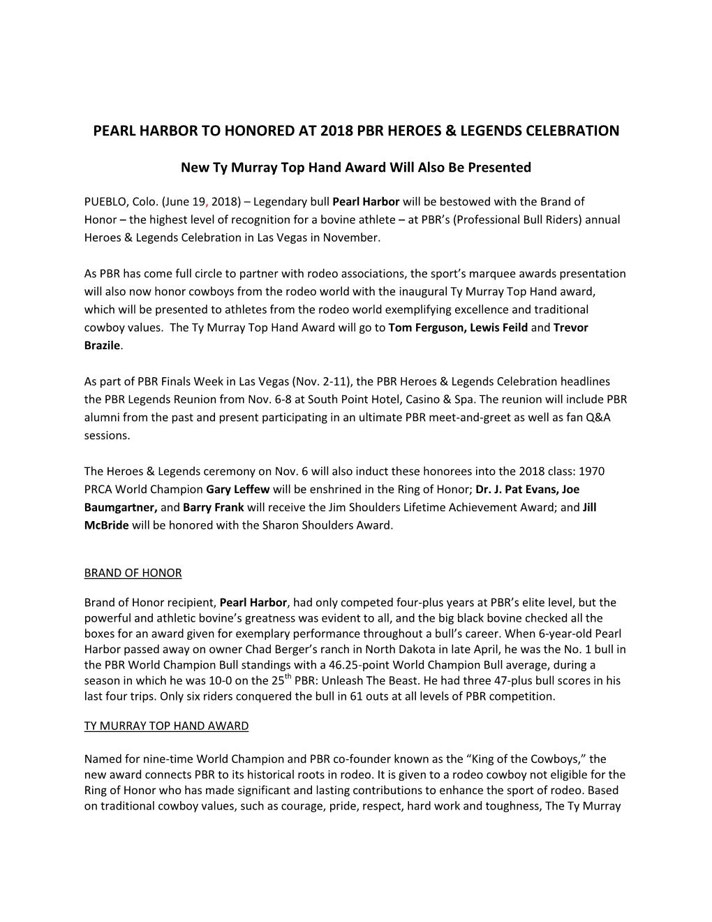 Pearl Harbor to Honored at 2018 Pbr Heroes & Legends Celebration