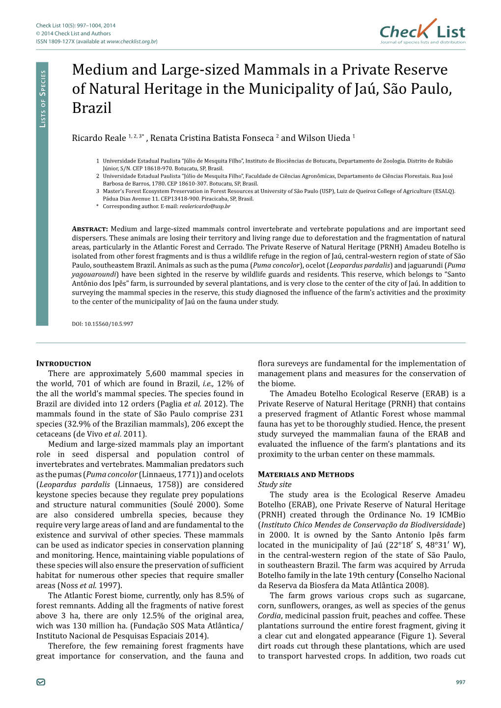 Chec List Medium and Large-Sized Mammals in a Private Reserve Of