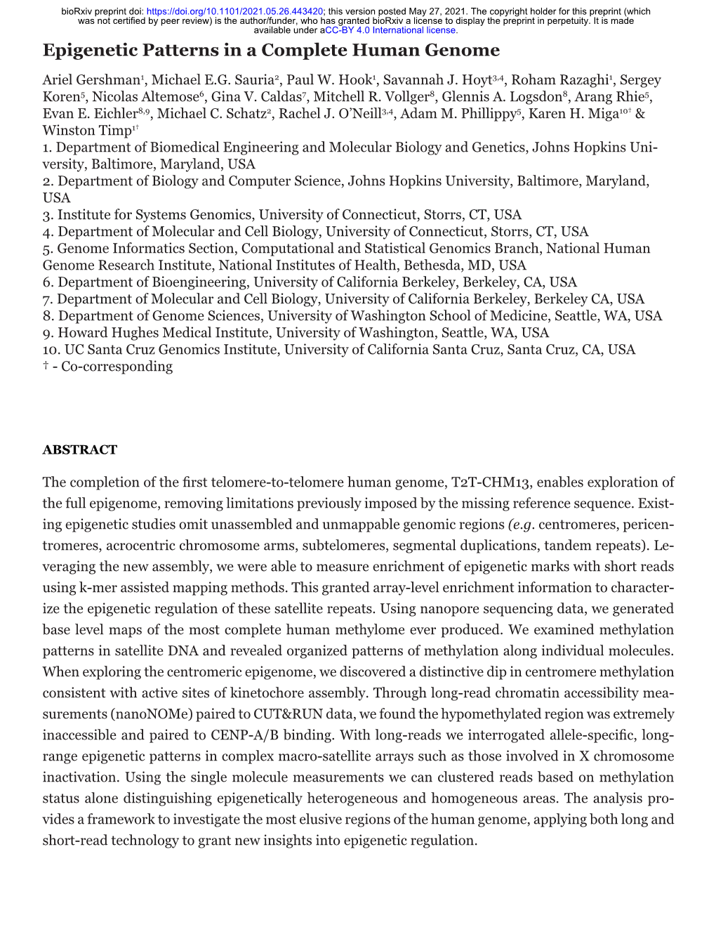 Epigenetic Patterns in a Complete Human Genome Ariel Gershman1, Michael E.G