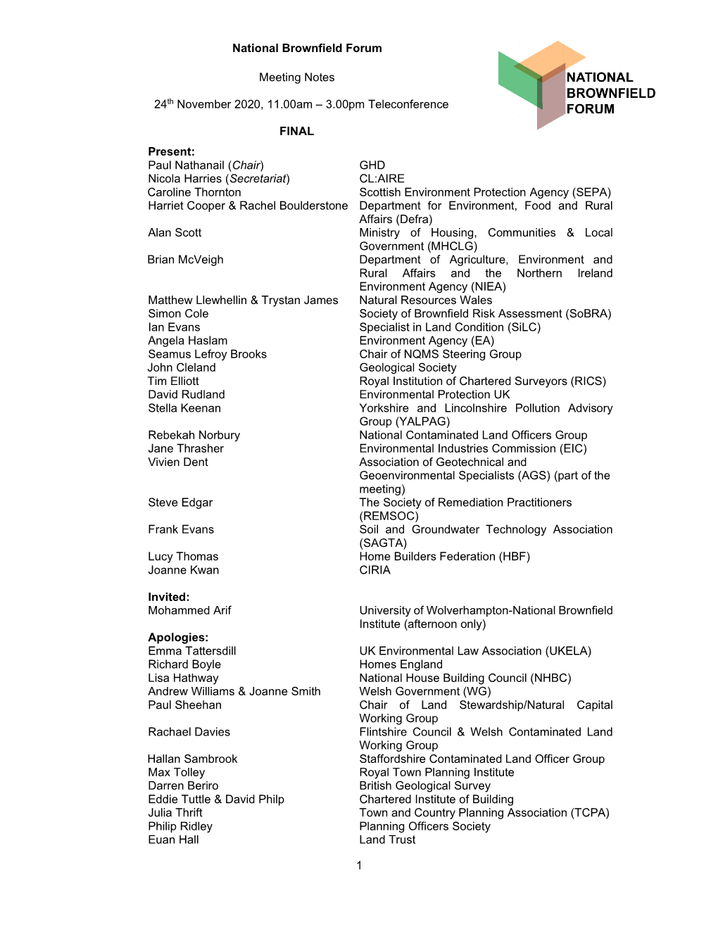 1 National Brownfield Forum Meeting Notes 24Th November 2020, 11.00Am