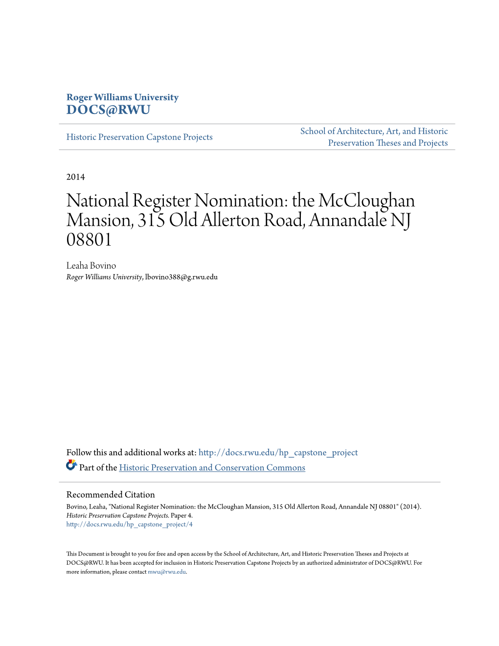 National Register Nomination: the Mccloughan Mansion, 315 Old Allerton Road, Annandale NJ 08801 Leaha Bovino Roger Williams University, Lbovino388@G.Rwu.Edu