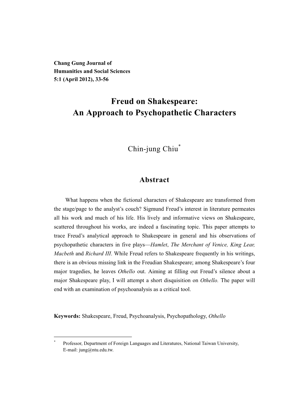 Freud on Shakespeare: an Approach to Psychopathetic Characters