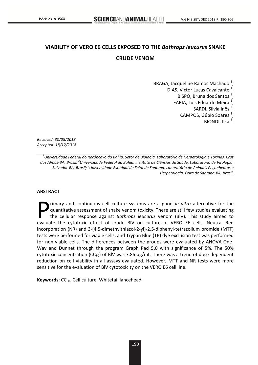 VIABILITY of VERO E6 CELLS EXPOSED to the Bothrops Leucurus SNAKE CRUDE VENOM