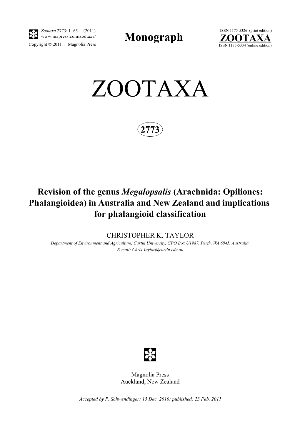 Revision of the Genus Megalopsalis (Arachnida: Opiliones: Phalangioidea) in Australia and New Zealand and Implications for Phalangioid Classification