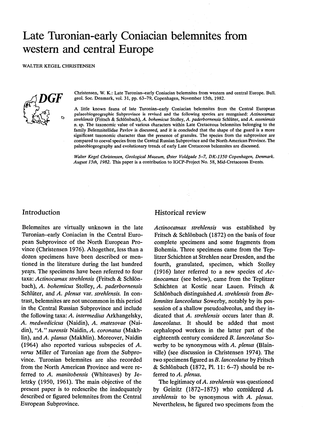 Late Turonian-Early Coniacian Belemnites from Western and Central Europe