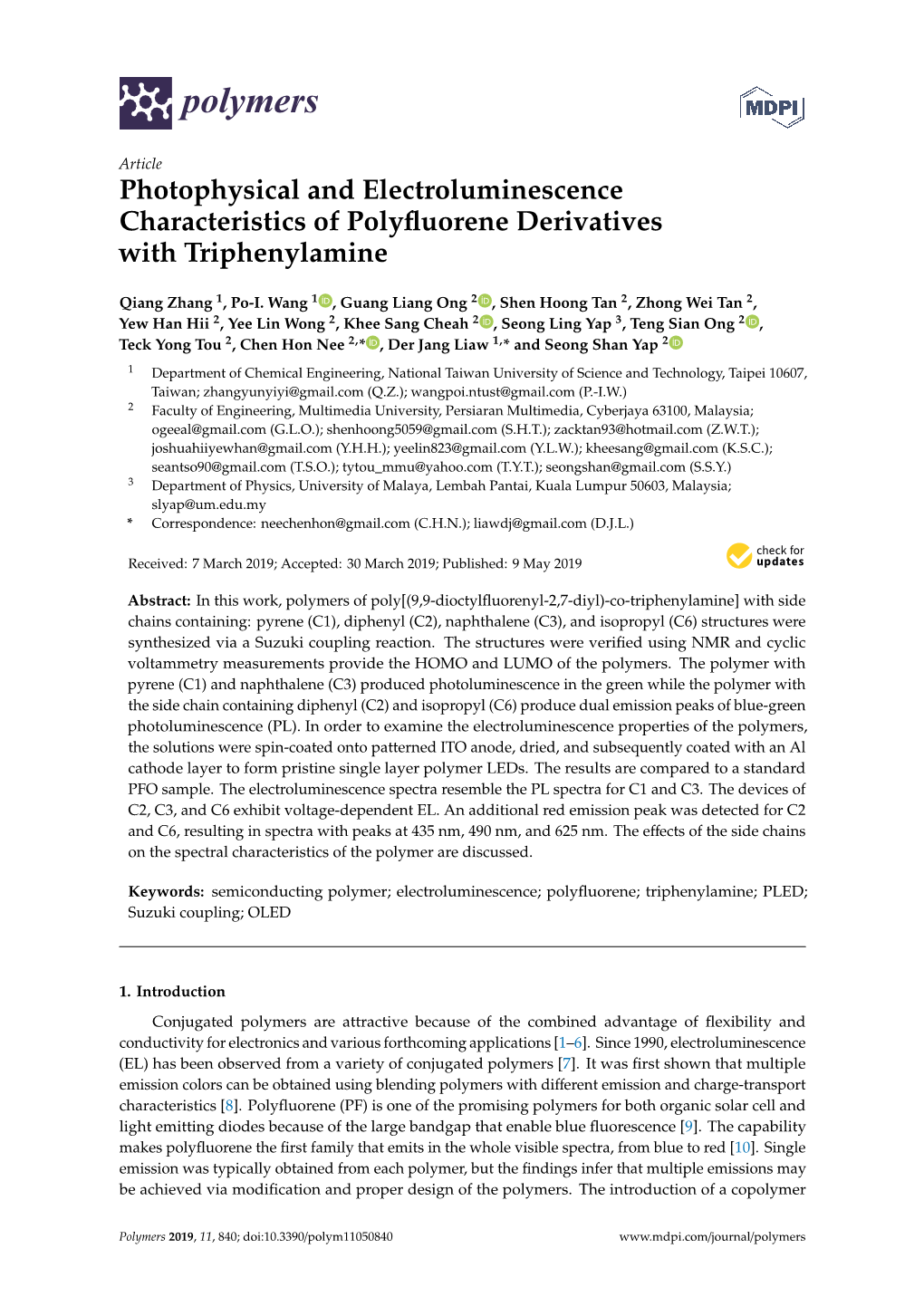 Photophysical and Electroluminescence Characteristics of Polyﬂuorene Derivatives with Triphenylamine
