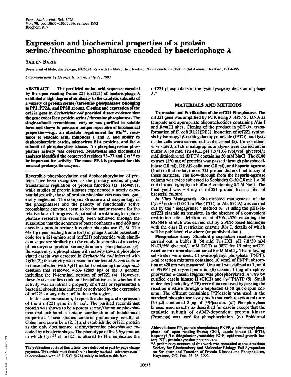 Expression and Biochemical Properties of a Protein Serine