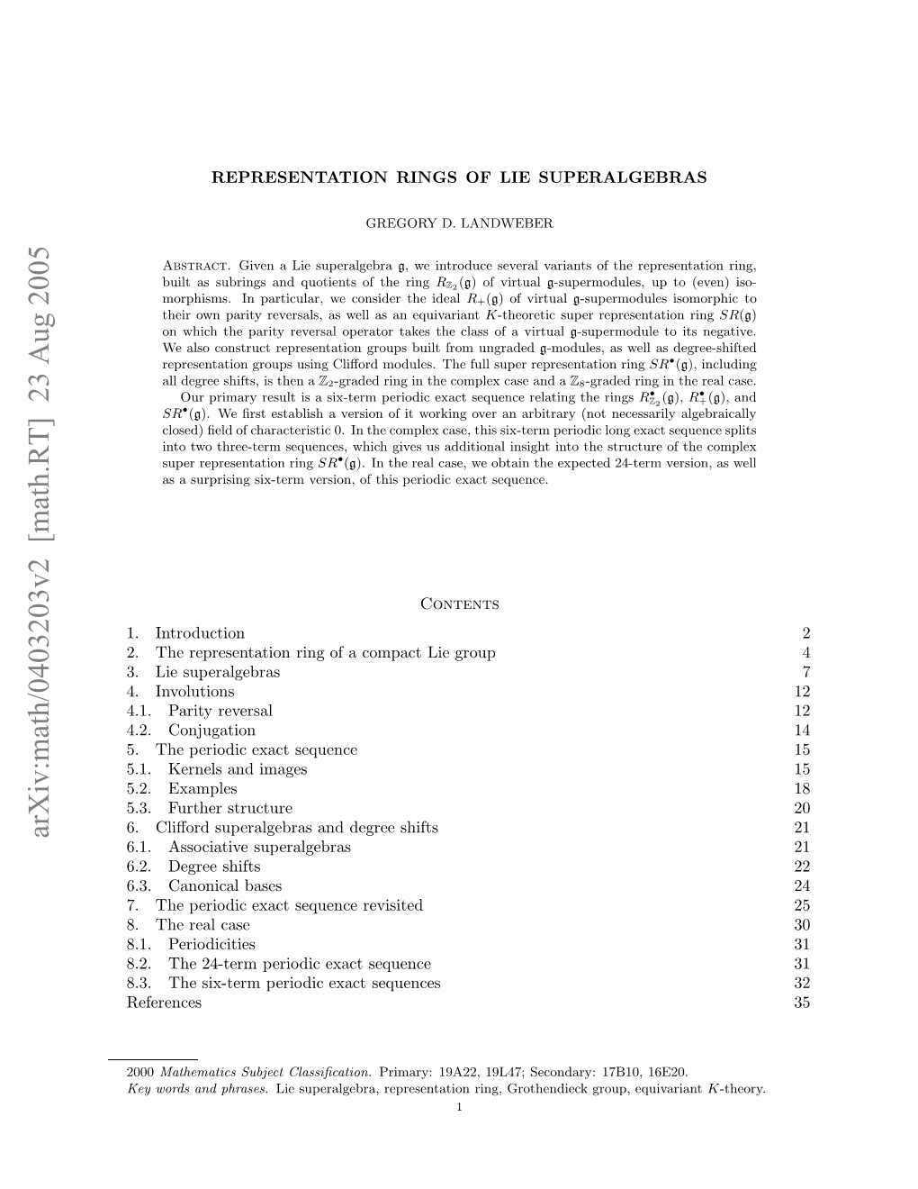 Arxiv:Math/0403203V2 [Math.RT] 23 Aug 2005 ..Tesxtr Eidceatsequences Exact Periodic Six-Term Sequence References the Exact Periodic 24-Term 8.3