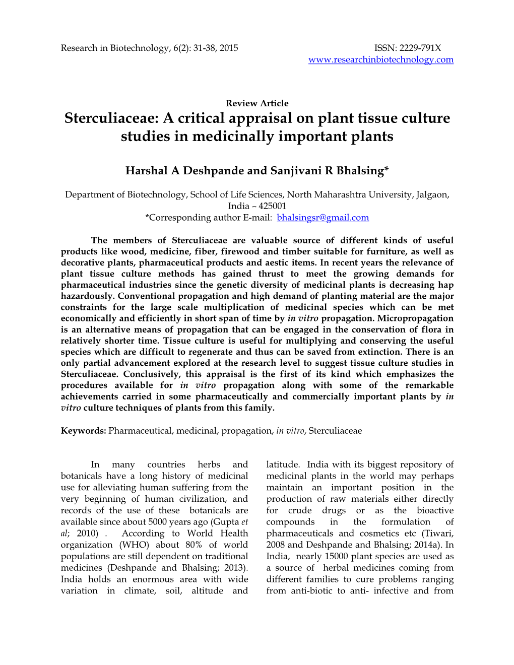 Sterculiaceae: a Critical Appraisal on Plant Tissue Culture Studies in Medicinally Important Plants