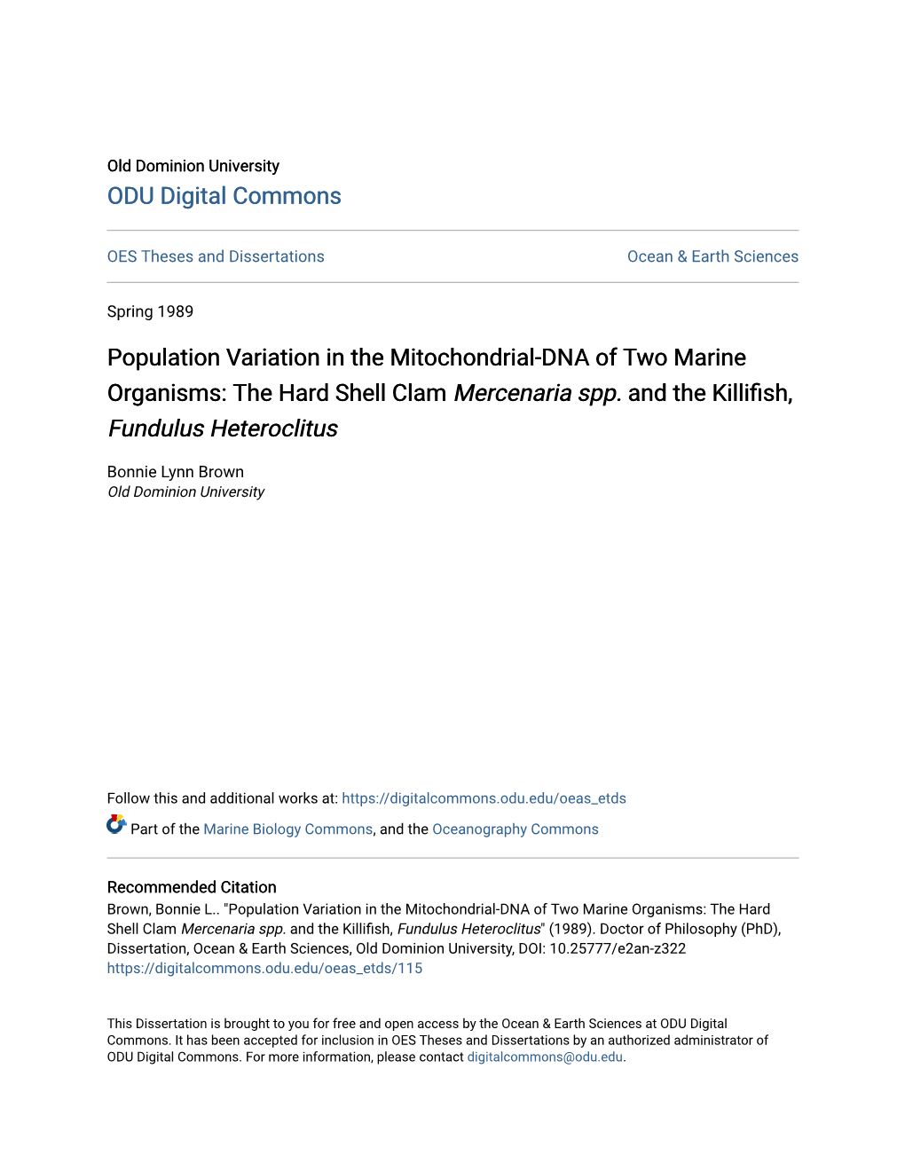 Population Variation in the Mitochondrial-DNA of Two Marine Organisms: the Hard Shell Clam Mercenaria Spp