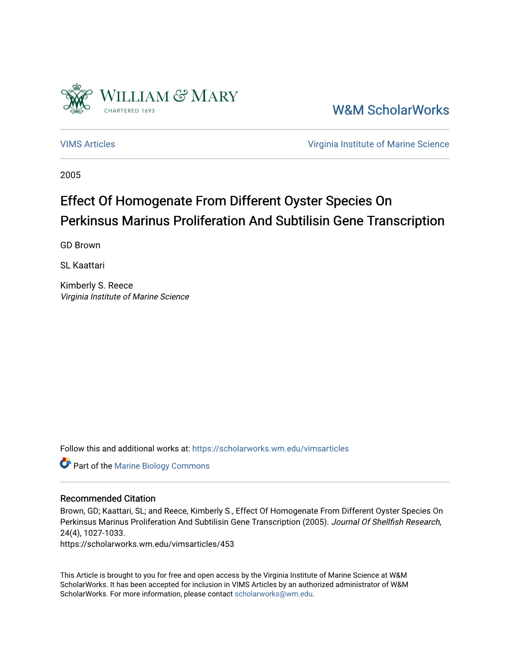 Effect of Homogenate from Different Oyster Species on Perkinsus Marinus Proliferation and Subtilisin Gene Transcription