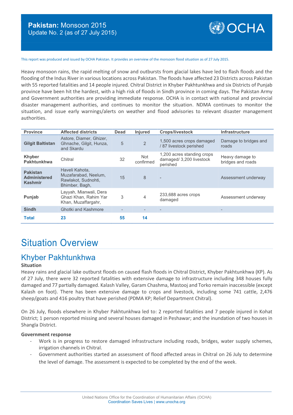 Situation Overview Khyber Pakhtunkhwa Situation Heavy Rains and Glacial Lake Outburst Floods on Caused Flash Floods in Chitral District, Khyber Pakhtunkhwa (KP)