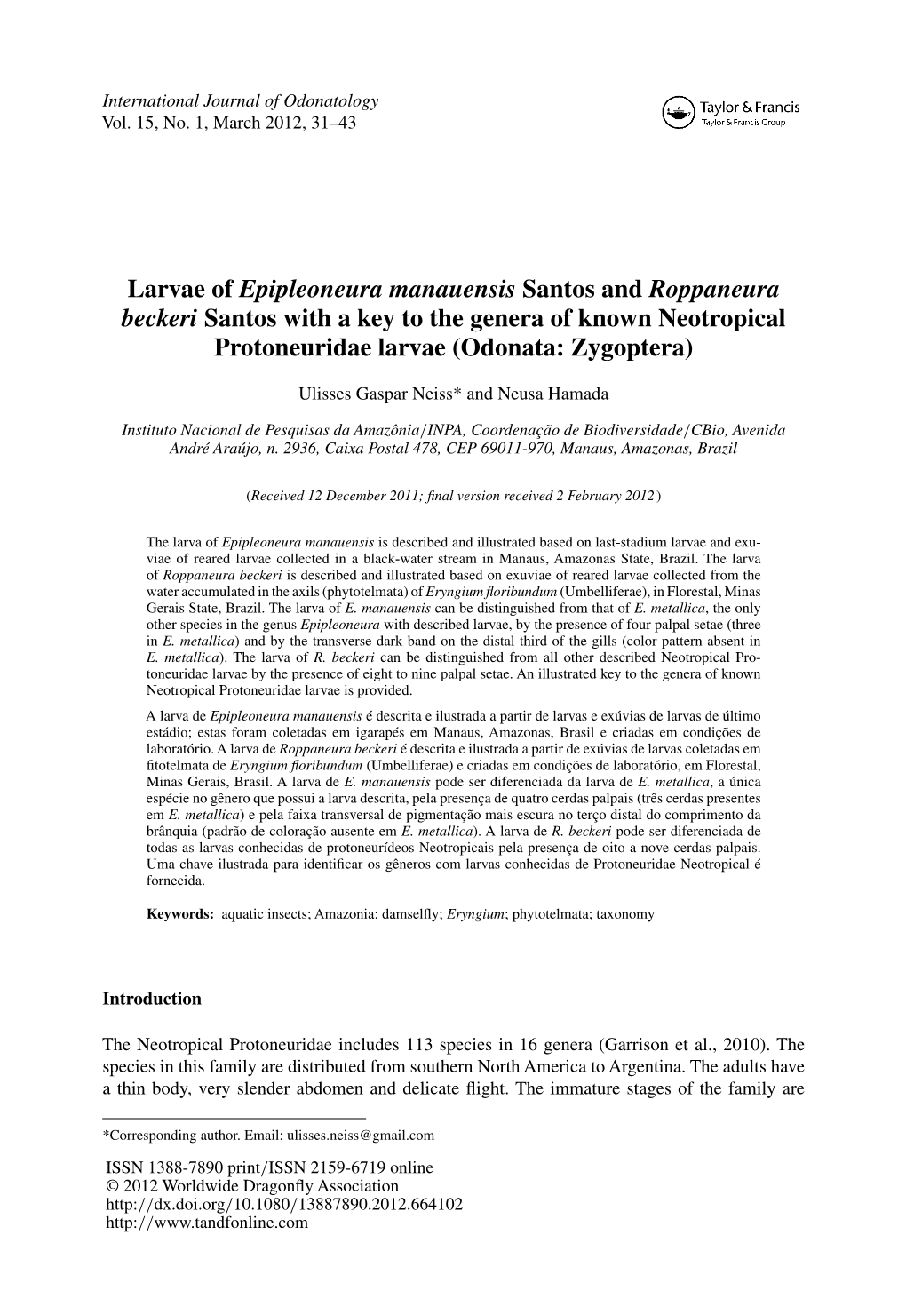 Larvae of Epipleoneura Manauensis Santos and Roppaneura Beckeri Santos with a Key to the Genera of Known Neotropical Protoneuridae Larvae (Odonata: Zygoptera)