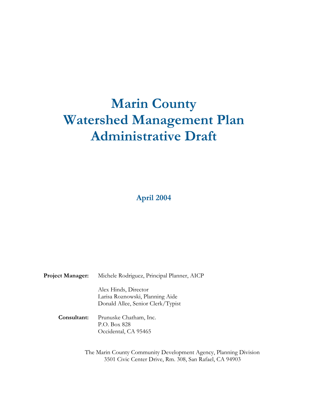 Marin County Watershed Management Plan Administrative Draft