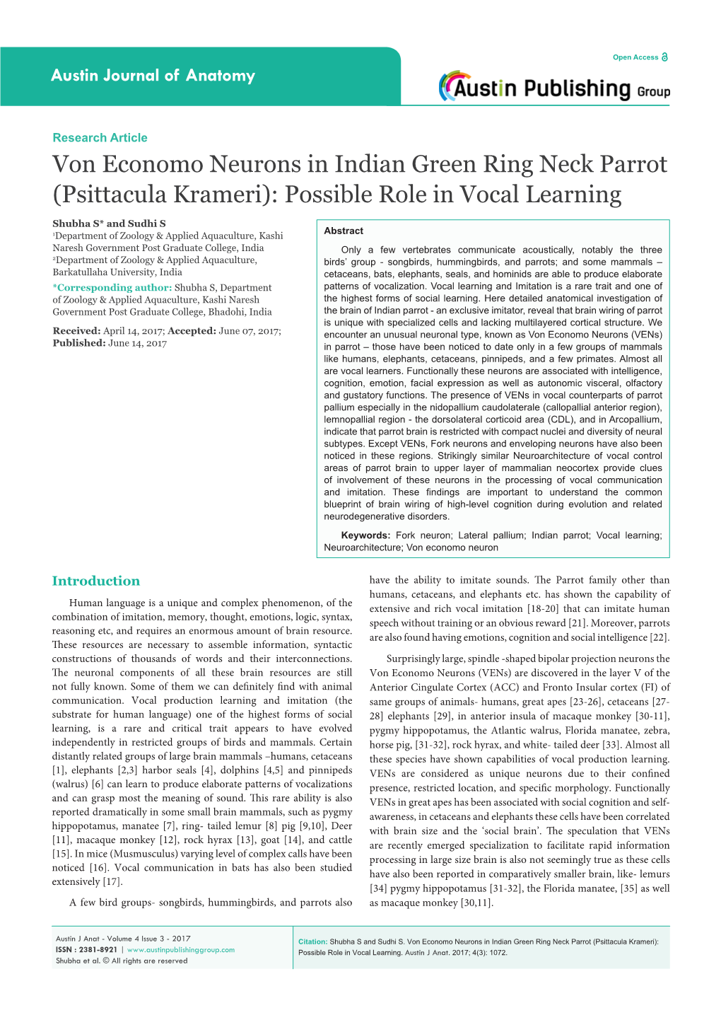 Von Economo Neurons in Indian Green Ring Neck Parrot (Psittacula Krameri): Possible Role in Vocal Learning