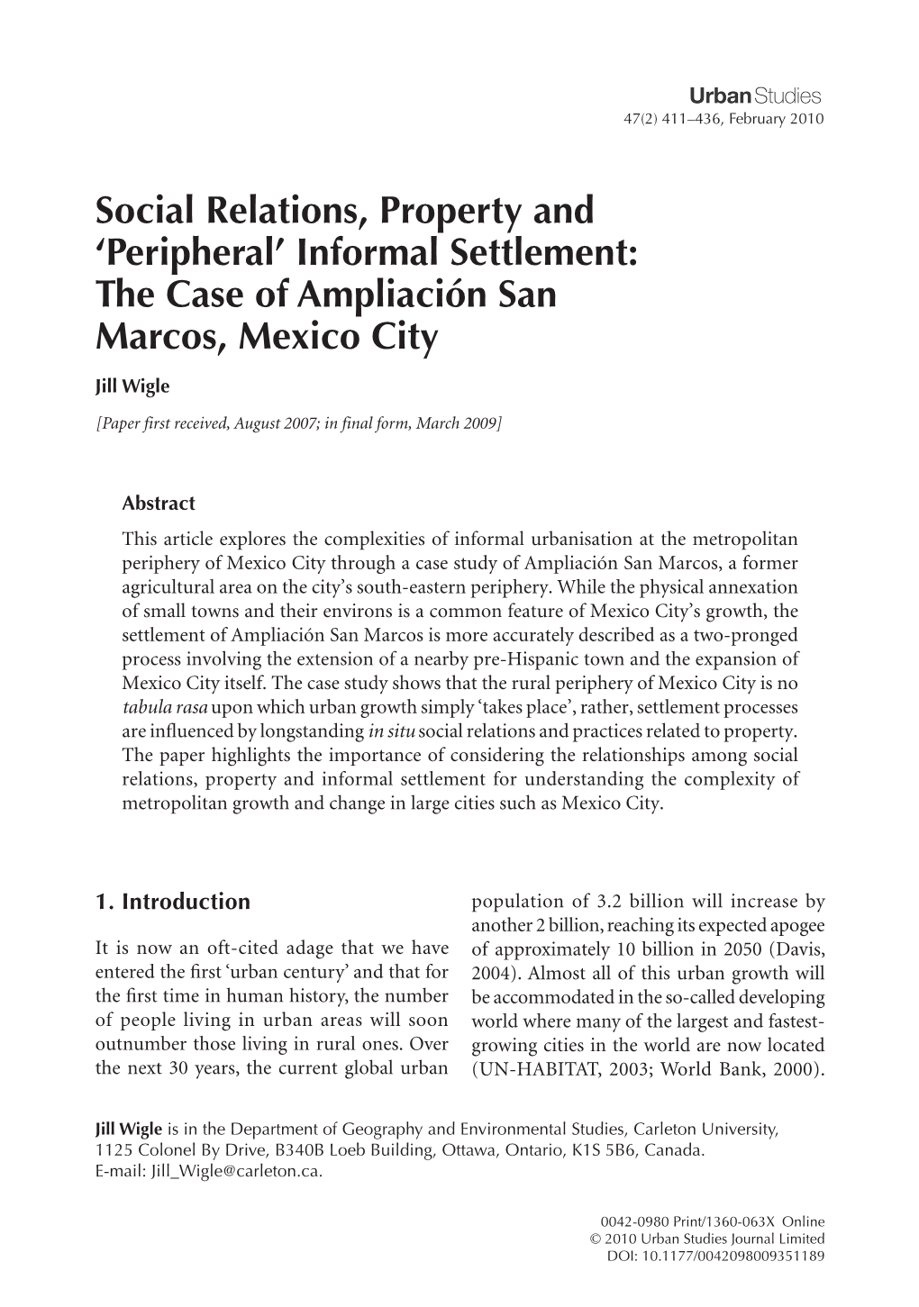 Informal Settlement: the Case of Ampliación San Marcos, Mexico City