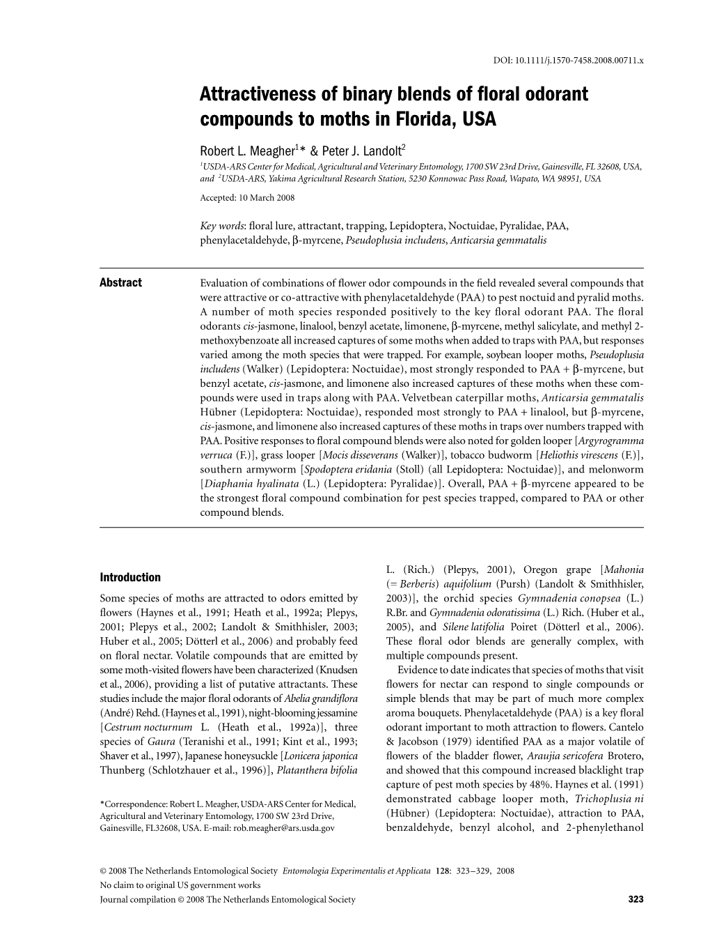 Attractiveness of Binary Blends of Floral Odorant Compounds to Moths in Florida, USA Robert L