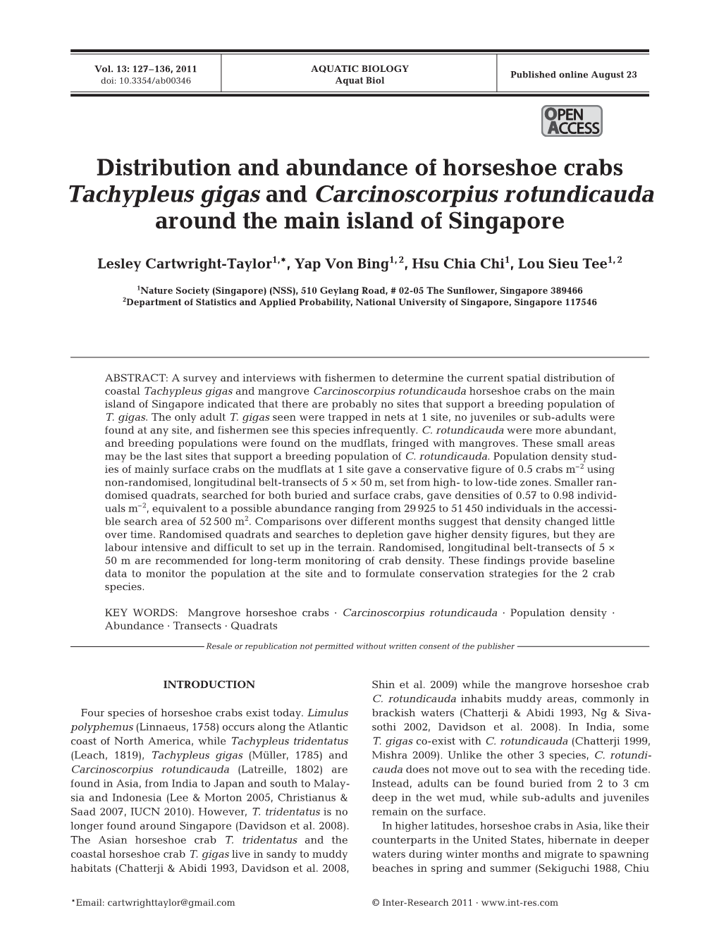 Distribution and Abundance of Horseshoe Crabs Tachypleus Gigas and Carcinoscorpius Rotundicauda Around the Main Island of Singapore