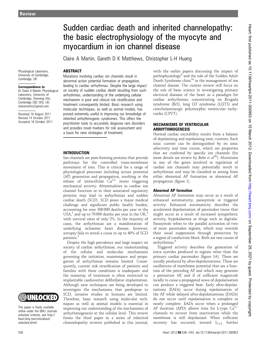 Sudden Cardiac Death and Inherited Channelopathy: Heart: First Published As 10.1136/Heartjnl-2011-300953 on 15 March 2012