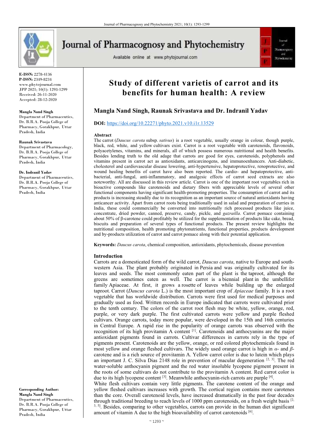 Study of Different Varietis of Carrot and Its Benefits for Human Health: a Review