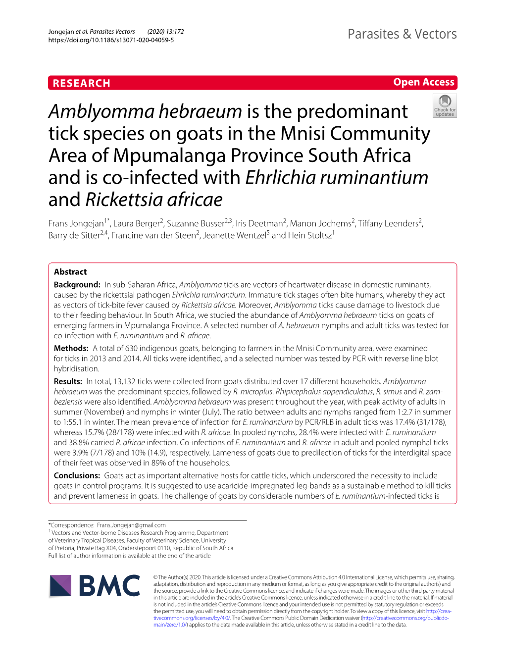 Amblyomma Hebraeum Is the Predominant Tick Species on Goats