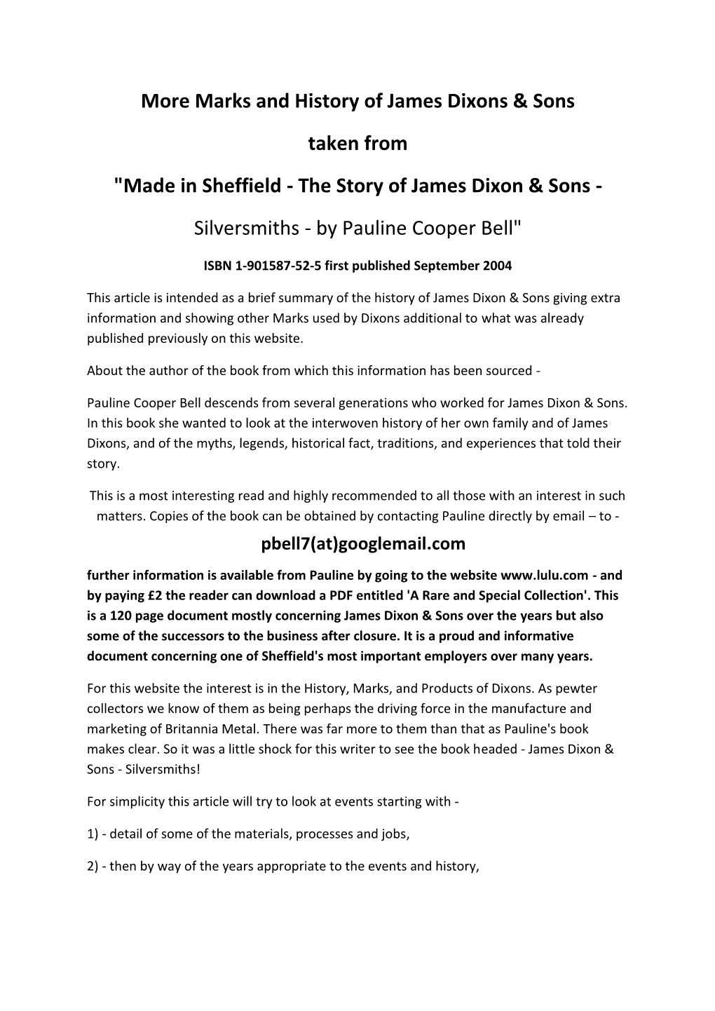 Made in Sheffield - the Story of James Dixon & Sons - Silversmiths - by Pauline Cooper Bell