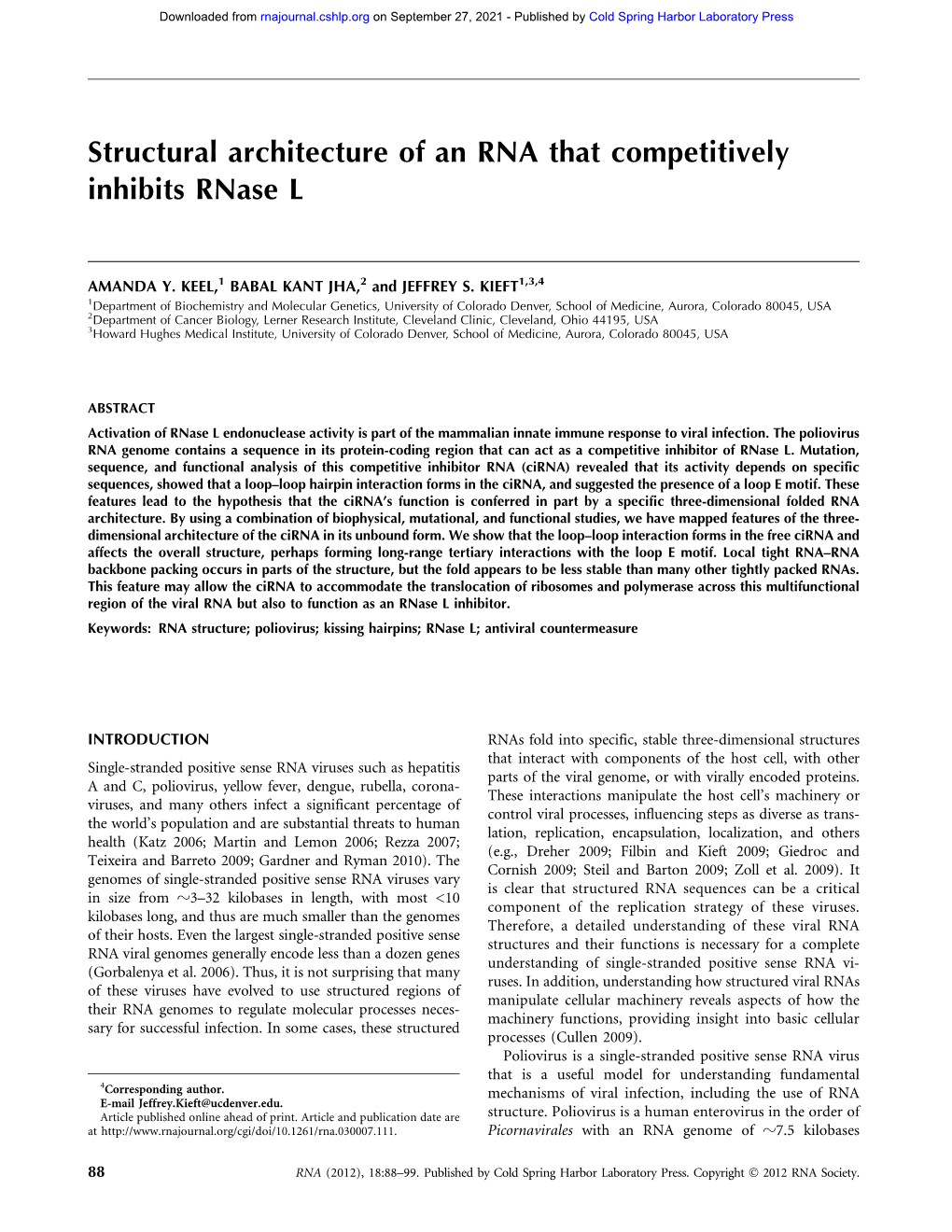 Structural Architecture of an RNA That Competitively Inhibits Rnase L