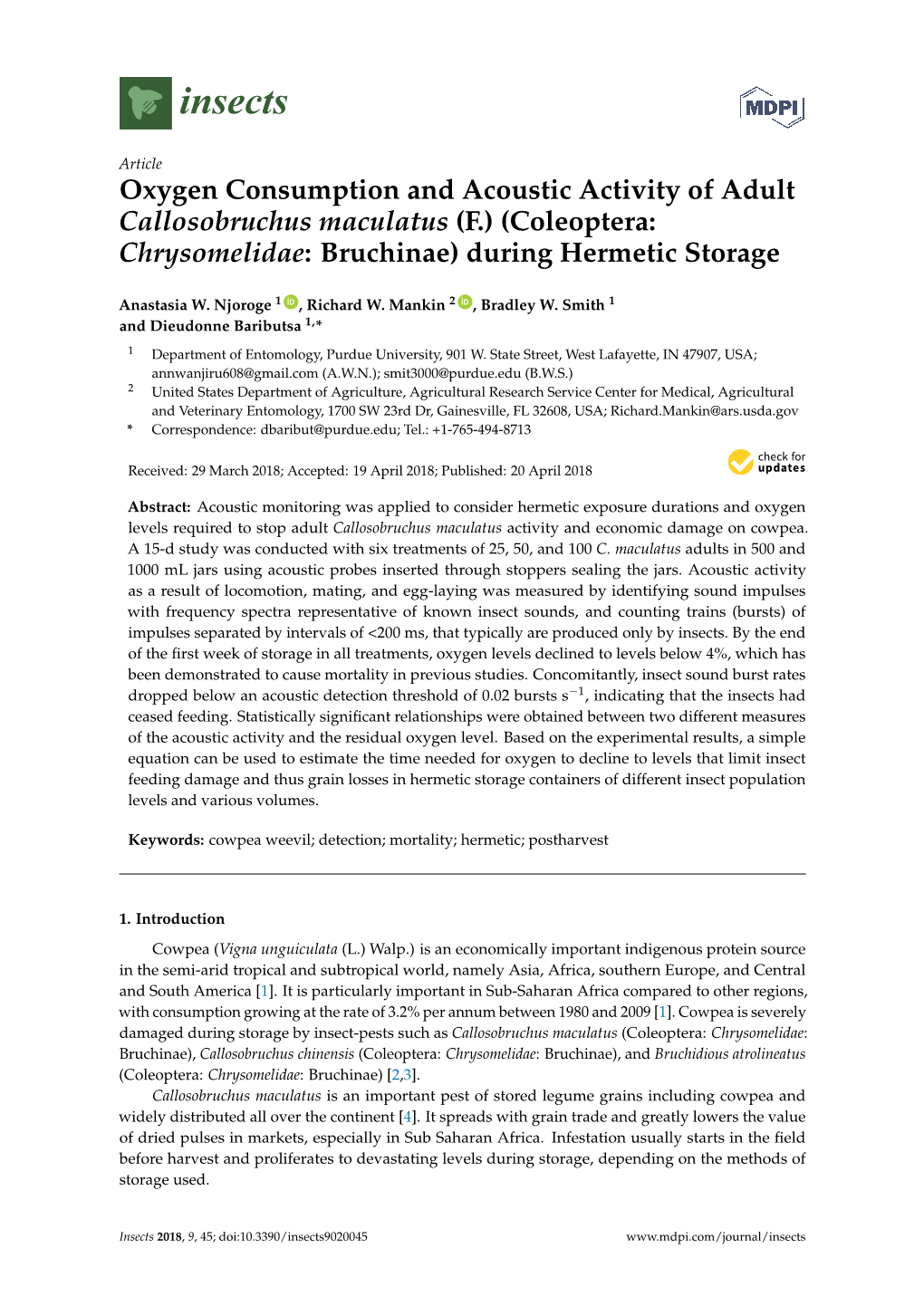 Oxygen Consumption and Acoustic Activity of Adult Callosobruchus Maculatus (F.) (Coleoptera: Chrysomelidae: Bruchinae) During Hermetic Storage