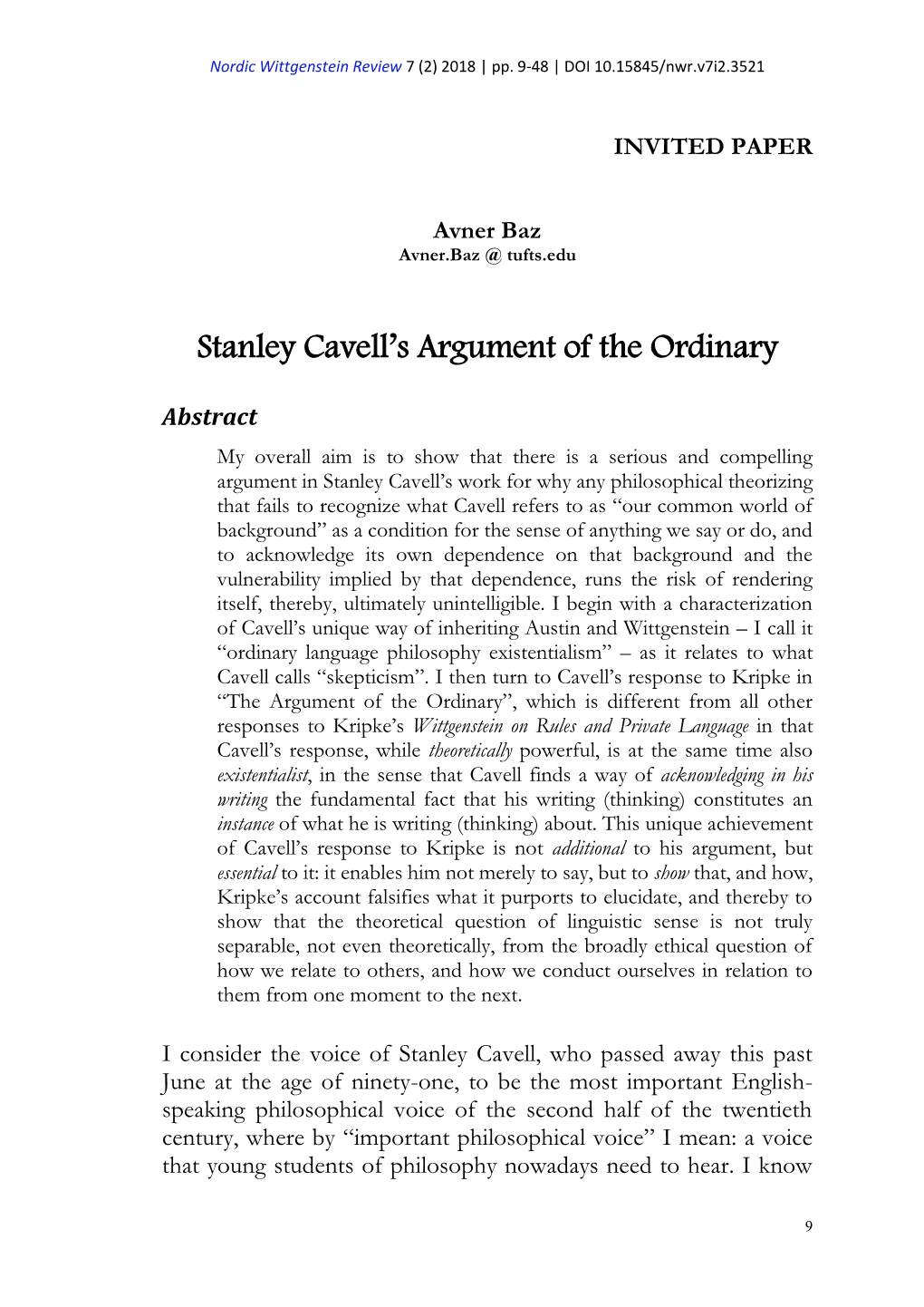 Stanley Cavell's Argument of the Ordinary