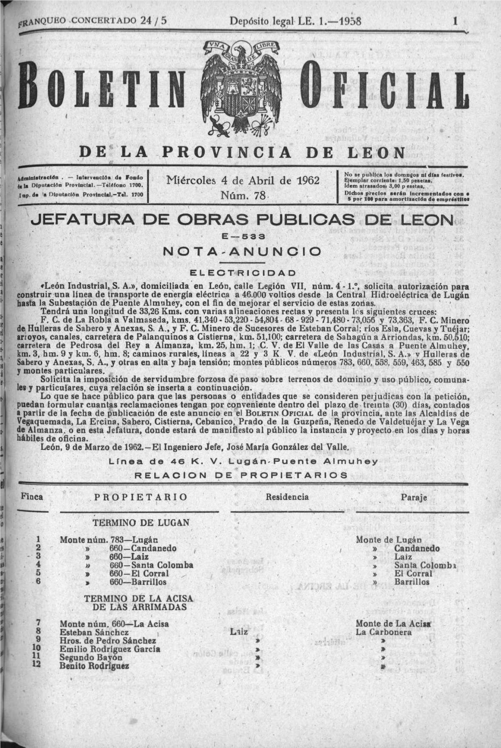 Jefatura De Obras Publicas De Leon E —533 Nota^Anuncio