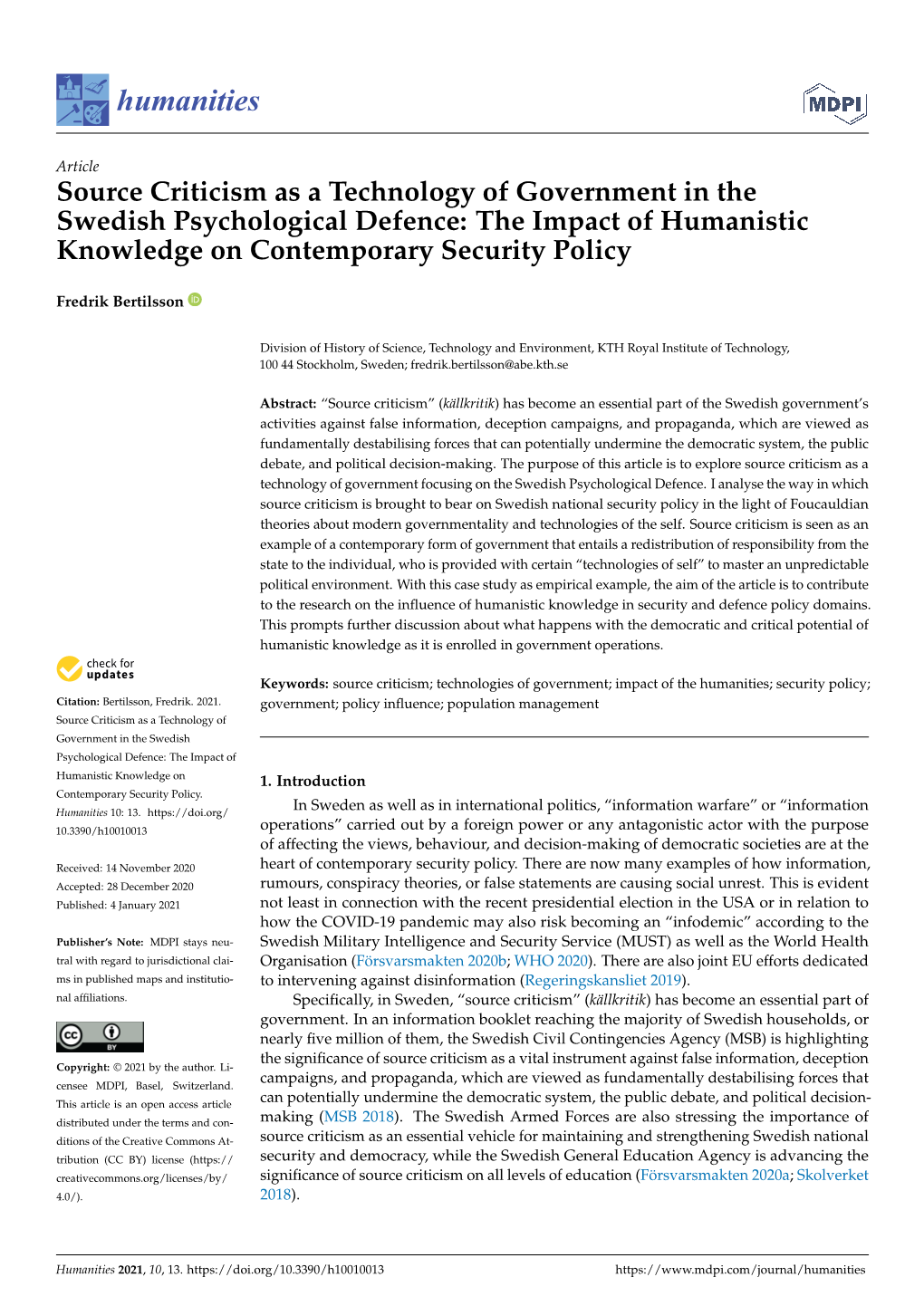 Source Criticism As a Technology of Government in the Swedish Psychological Defence: the Impact of Humanistic Knowledge on Contemporary Security Policy