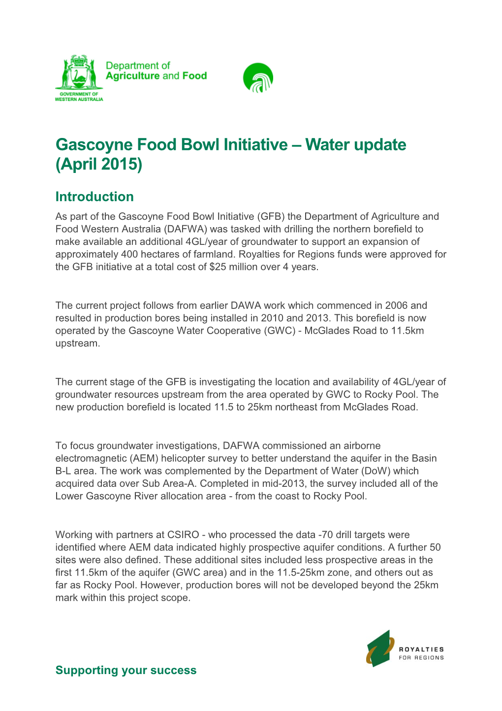 Gascoyne Food Bowl Initiative Water Update (April 2015)