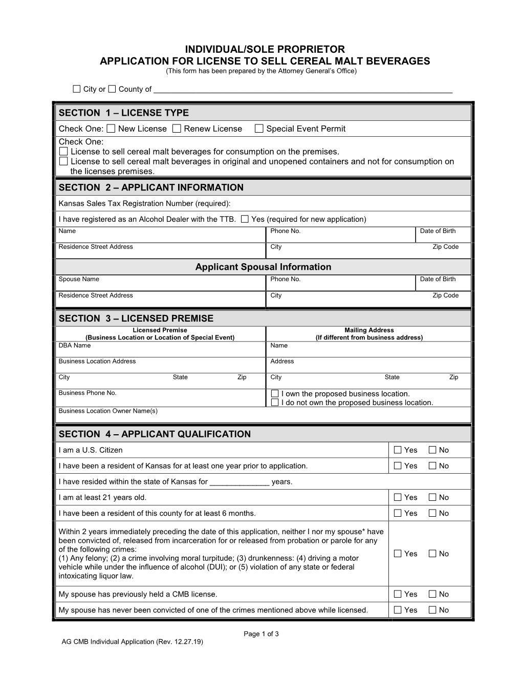 Individual Application for Cmb Liquor License