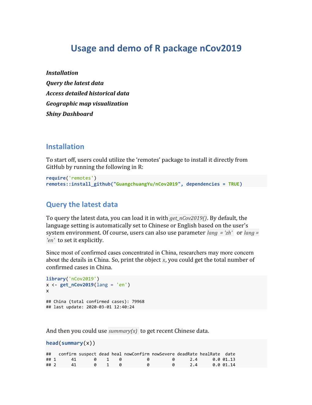 Usage and Demo of R Package Ncov2019