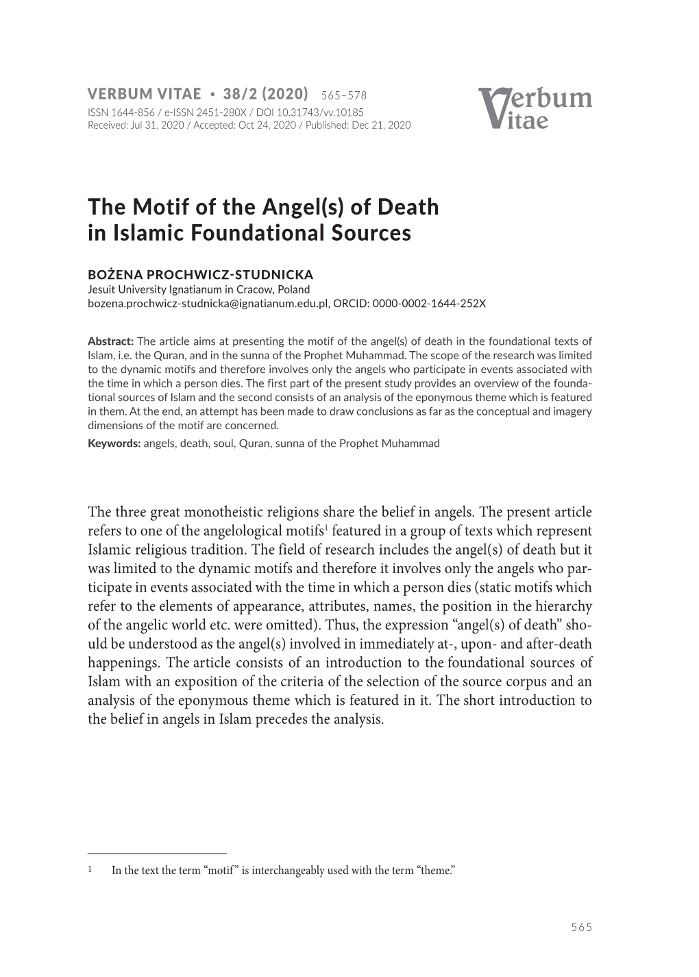 The Motif of the Angel(S) of Death in Islamic Foundational Sources