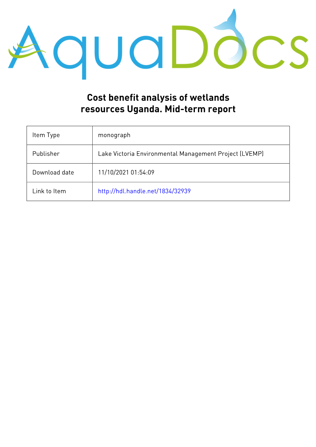 ~@J~CMS and Architects Delft Hydraulics Cost Benefit Analysis of Wetlands Resources Mid-Term Report