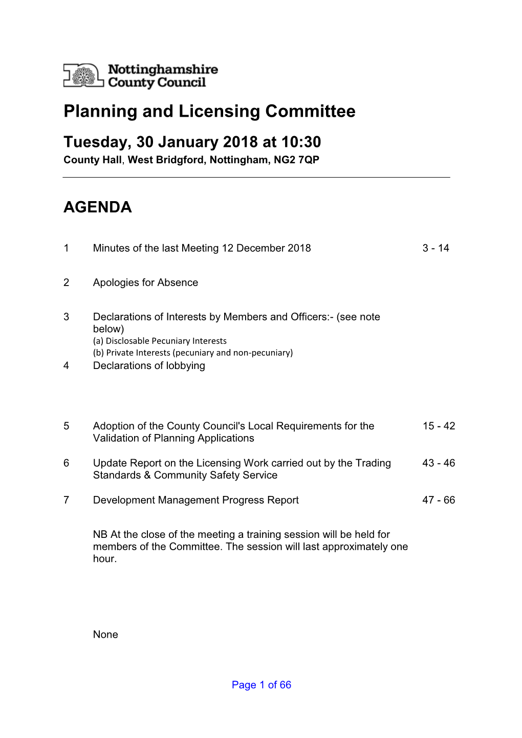 Planning and Licensing Committee Tuesday, 30 January 2018 at 10:30 County Hall, West Bridgford, Nottingham, NG2 7QP