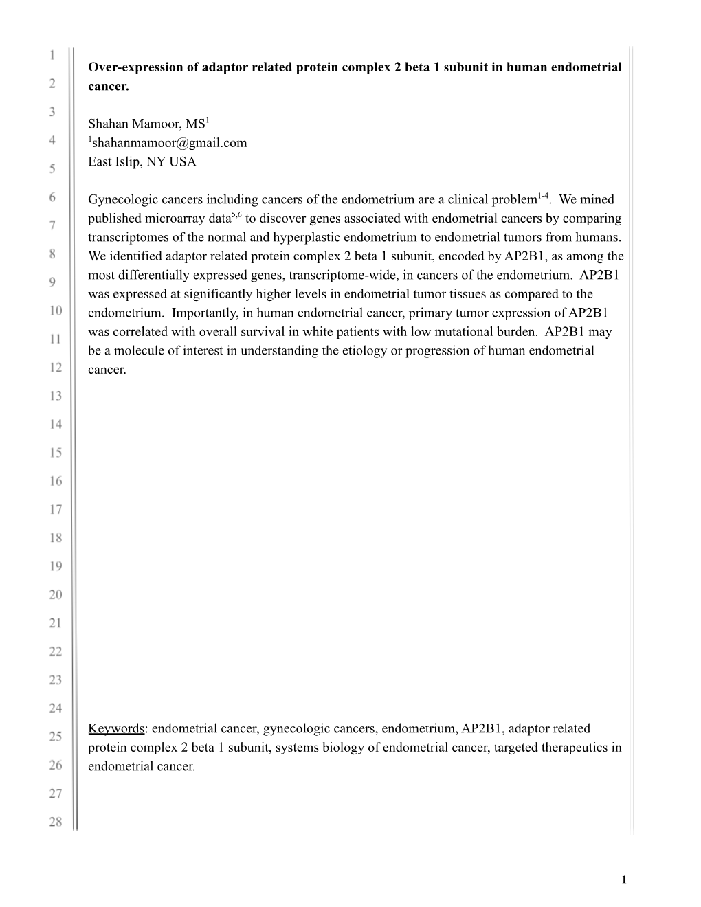 AP2B1 Is Over-Expressed in Human Endometrial Cancer