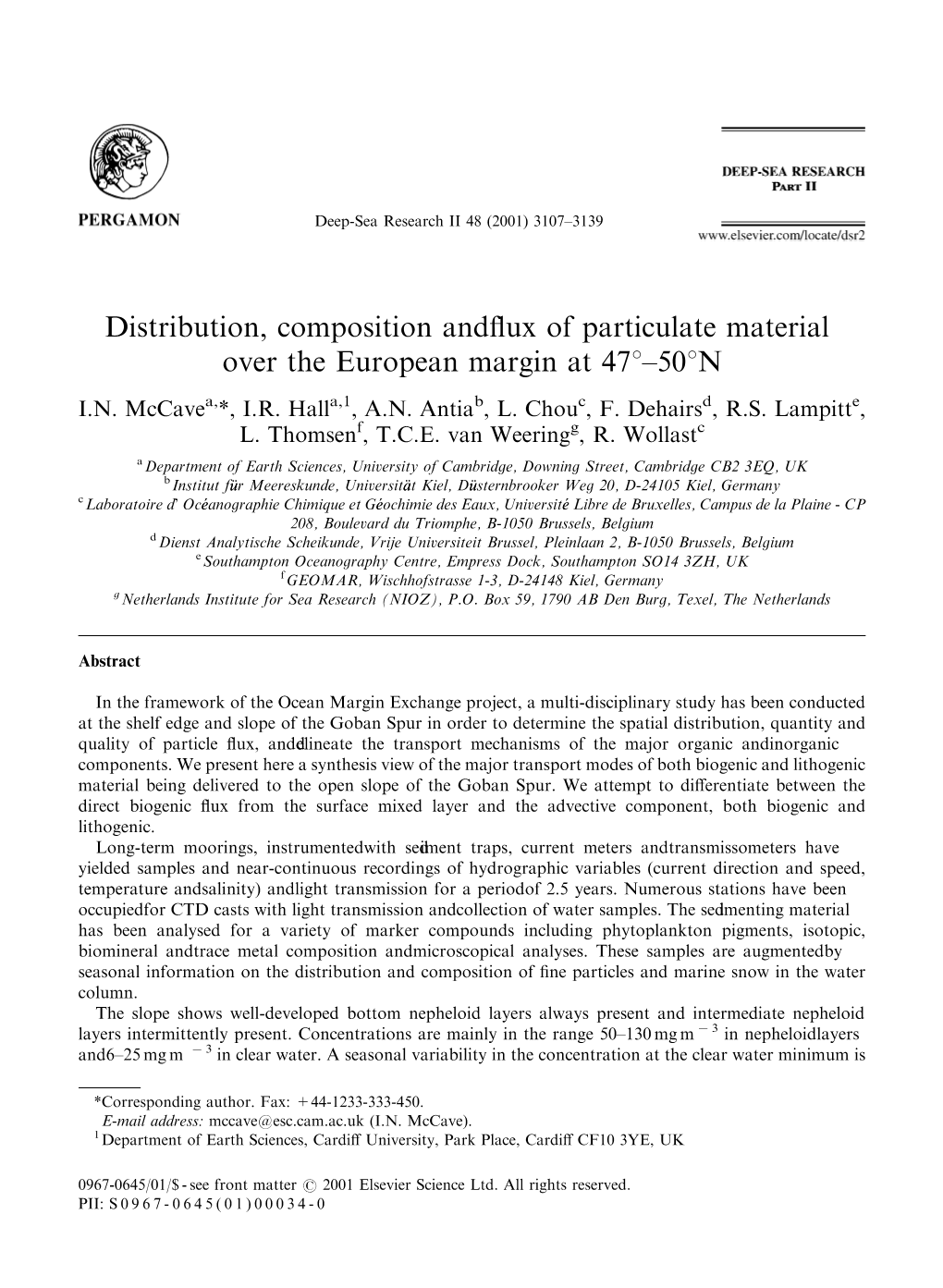 Distribution, Composition and Flux of Particulate Material Over The