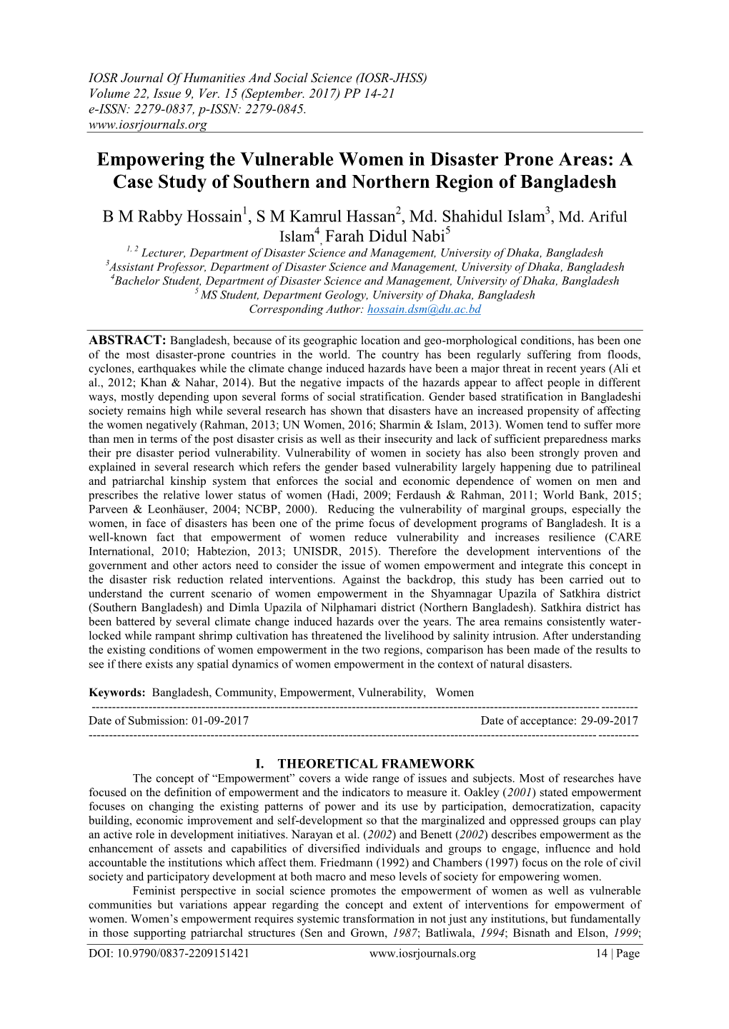 Empowering the Vulnerable Women in Disaster Prone Areas: a Case Study of Southern and Northern Region of Bangladesh